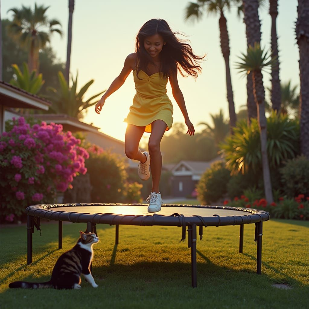 California Valley Girl Bounces on Trampoline Under Sunset
