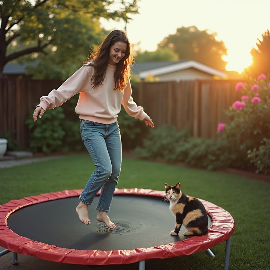 California Valley Girl Bounces on Trampoline in 1970s Backya...
