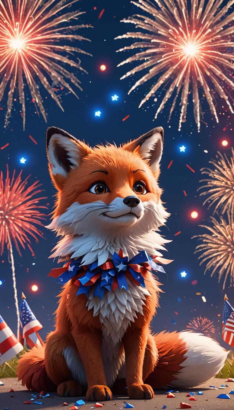 Patriotic Fox Celebrates July 4th Fireworks