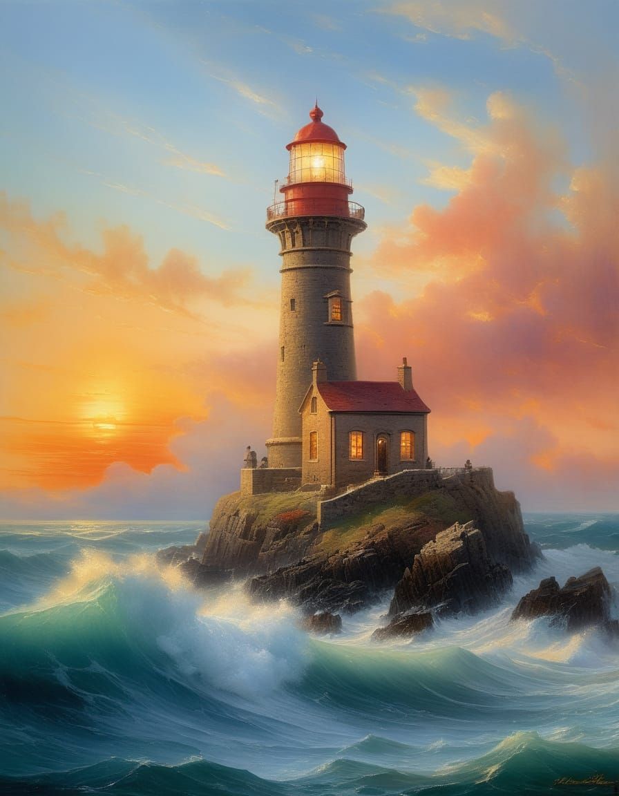 Majestic 19th-Century Lighthouse at Sunset
