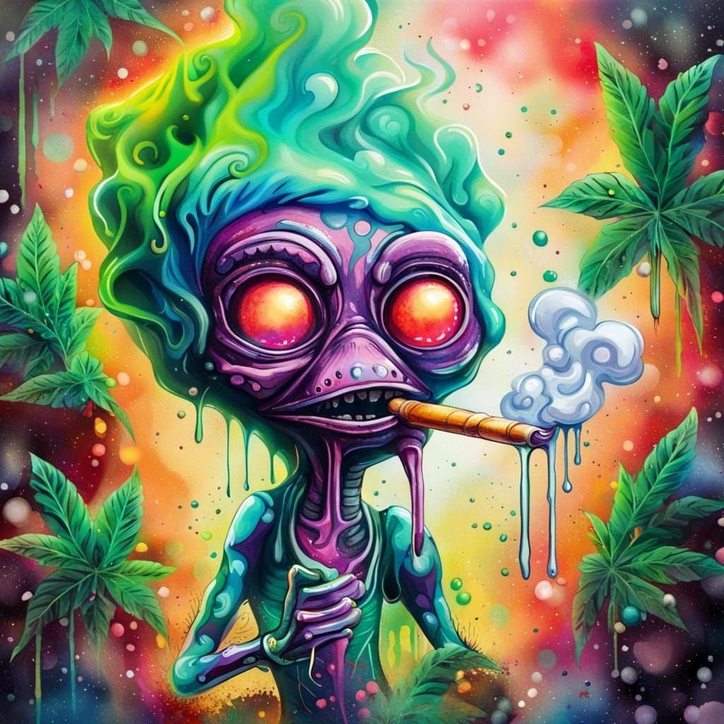 Smoking Alien with Marijuana Leaf in Graffiti Art