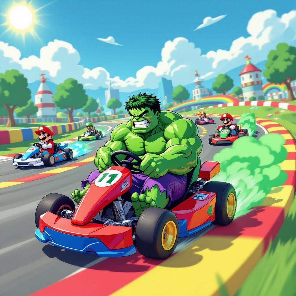Hulk Races in Mario Kart in Cartoon Style