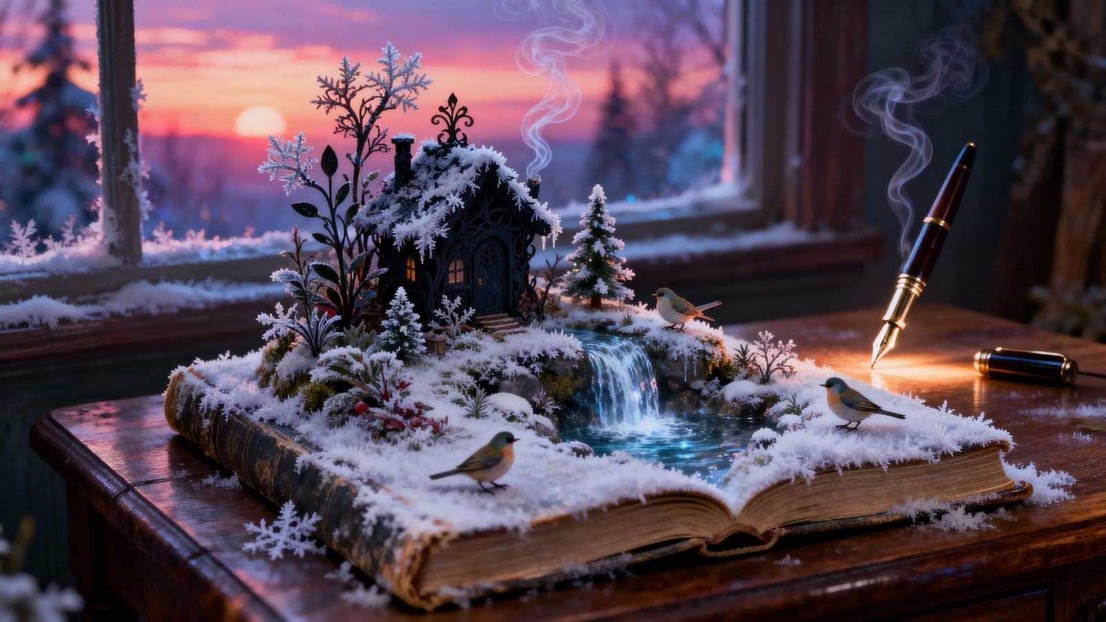 Christmas Book Landscape with Waterfall and Birds