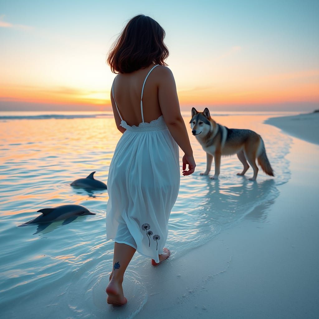 Woman Walking on Beach at Sunrise with Dolphins and Wolf