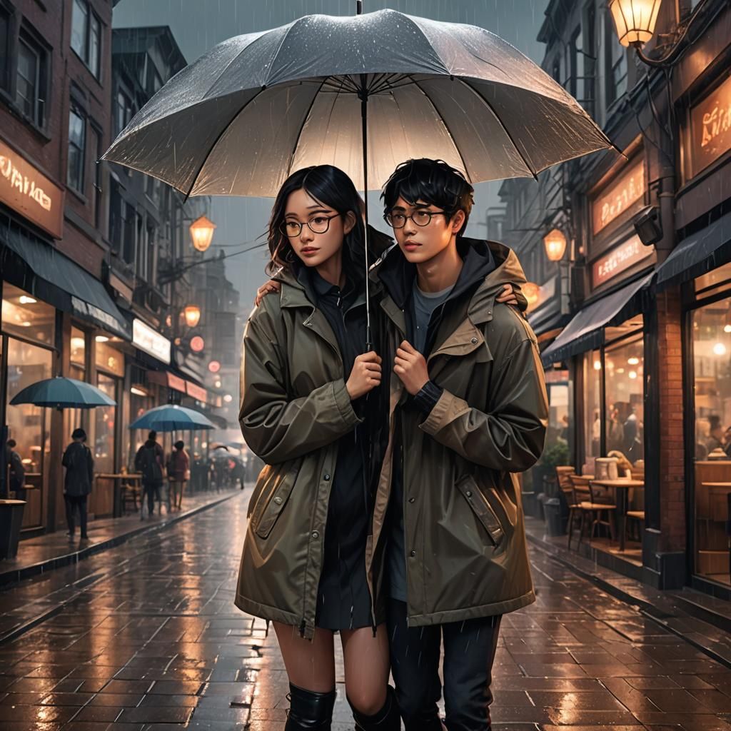 Rainy Night Embrace in Fantasy Art Style