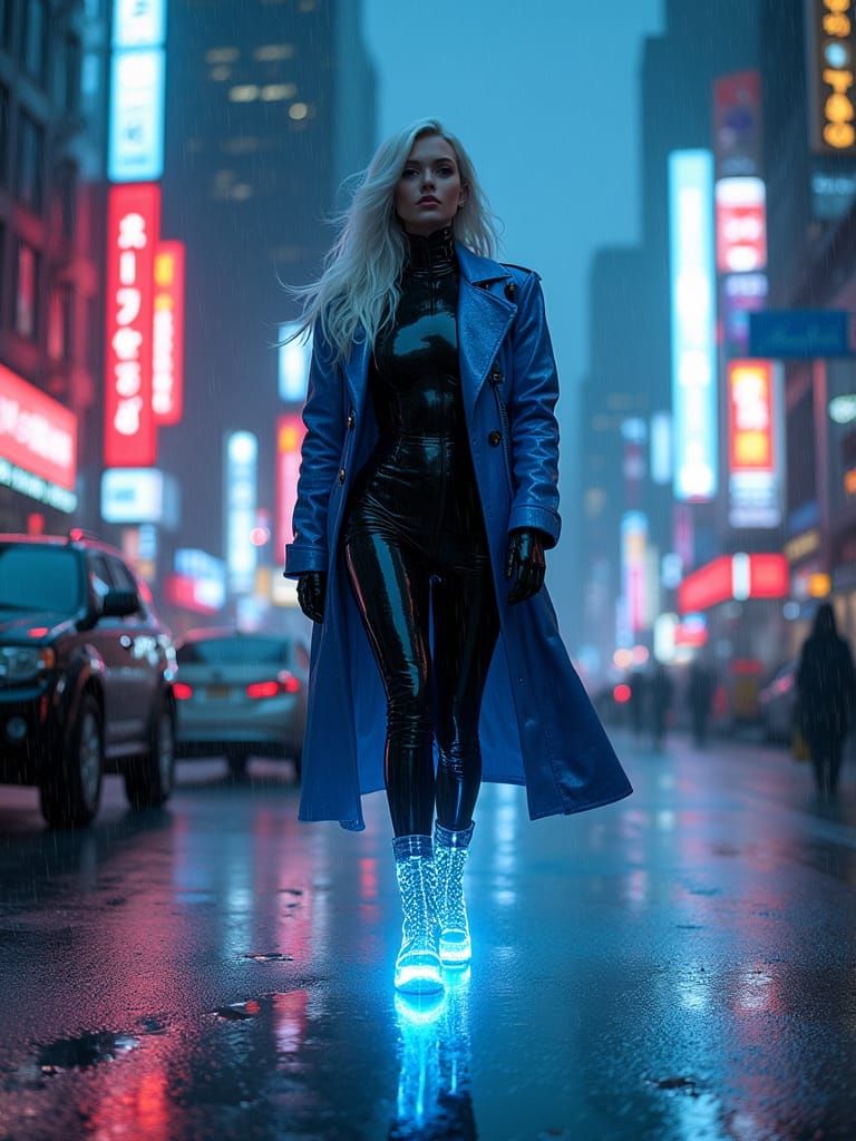 Cyber-Muse Strides Through Neon Cityscape