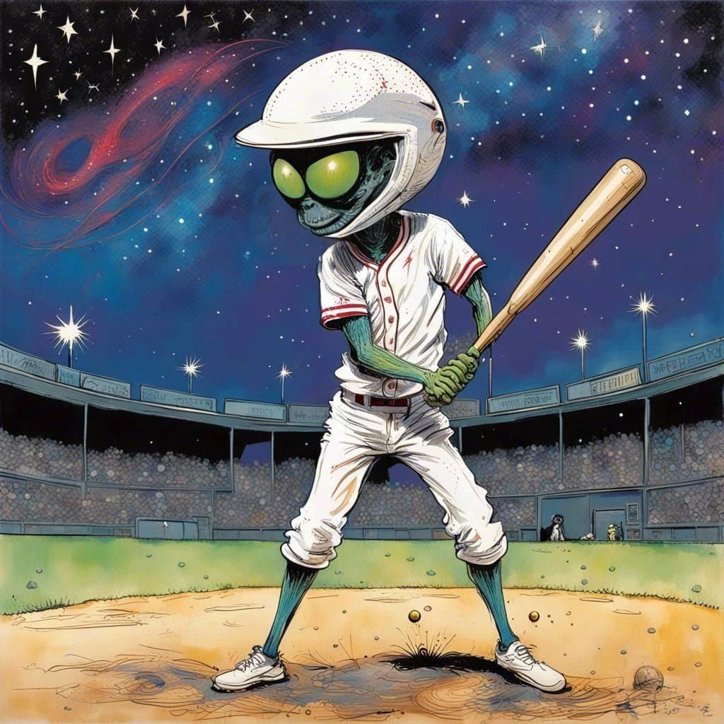 Alien Baseball Player Hitting Planet in Graffiti Art