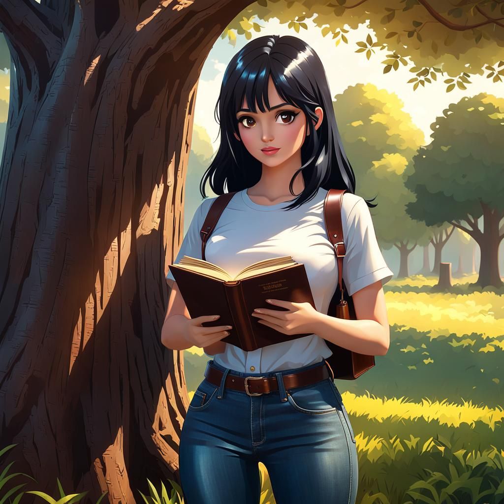 Girl Reading Book by Tree in Digital Matte Painting