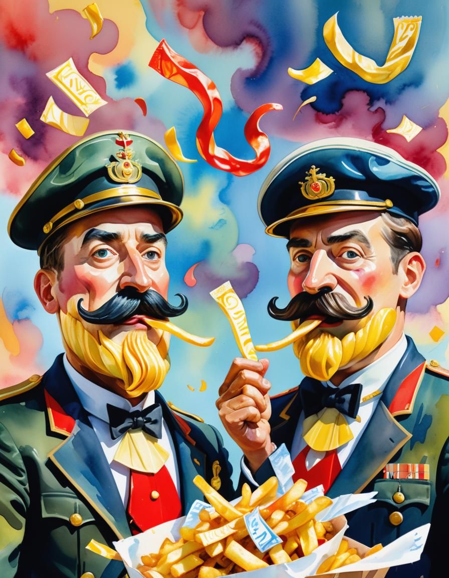 Fries Packet Armies Clash in Surrealist Watercolor