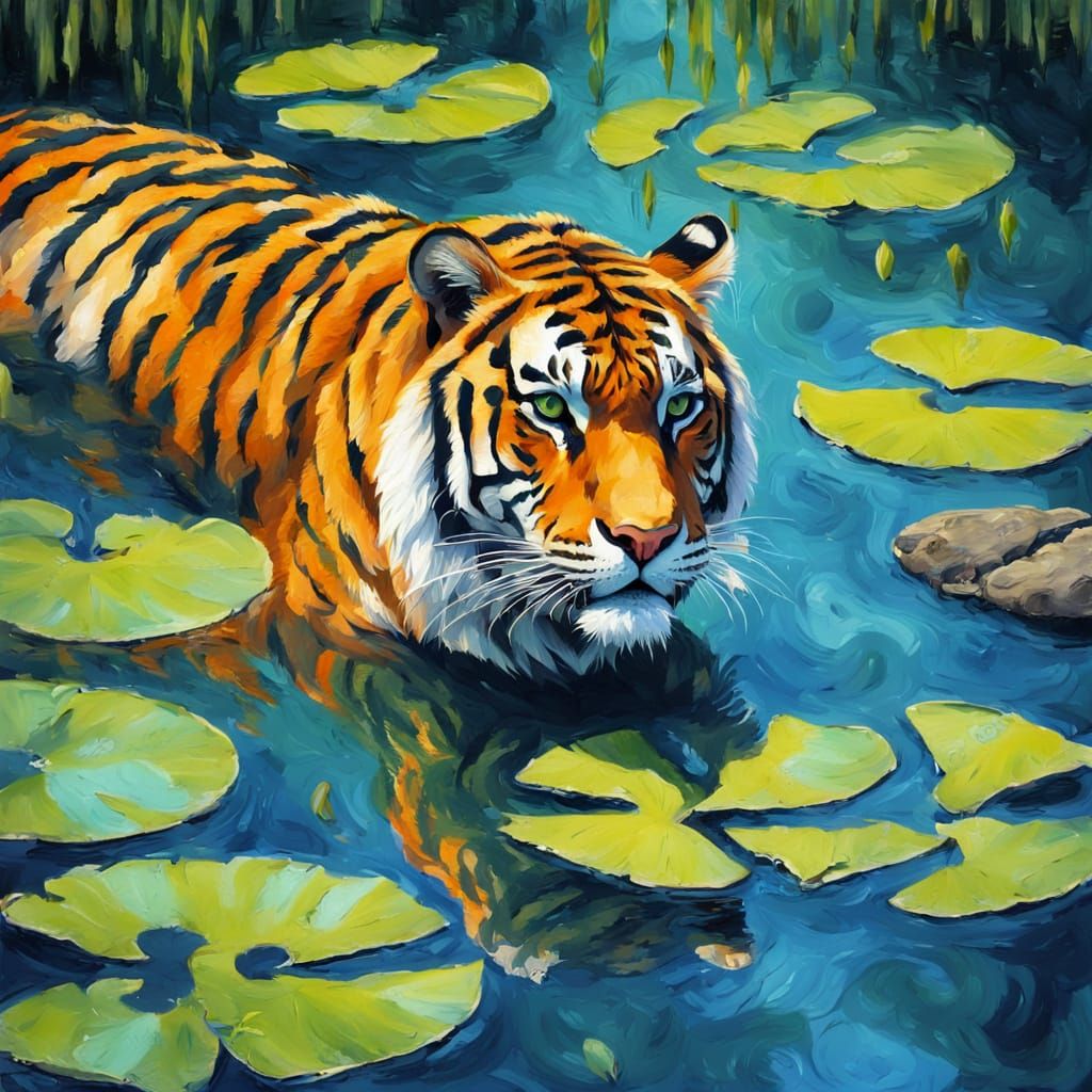 Tiger in Lily Pond: Impressionist Impasto Painting