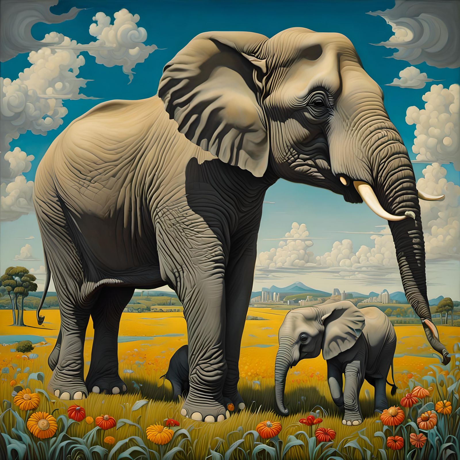 Elephant Calf with Mom in Pop Surrealism Style