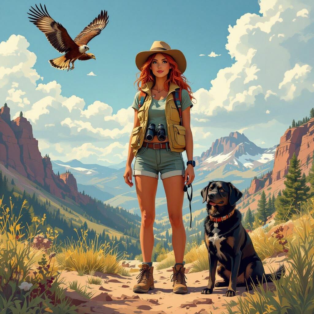 Muscular Woman Hiking with Dog on Colorado Trail in Matte Pa...