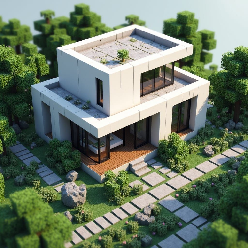 Isometric Voxel Minecraft House with Modern Landscaping