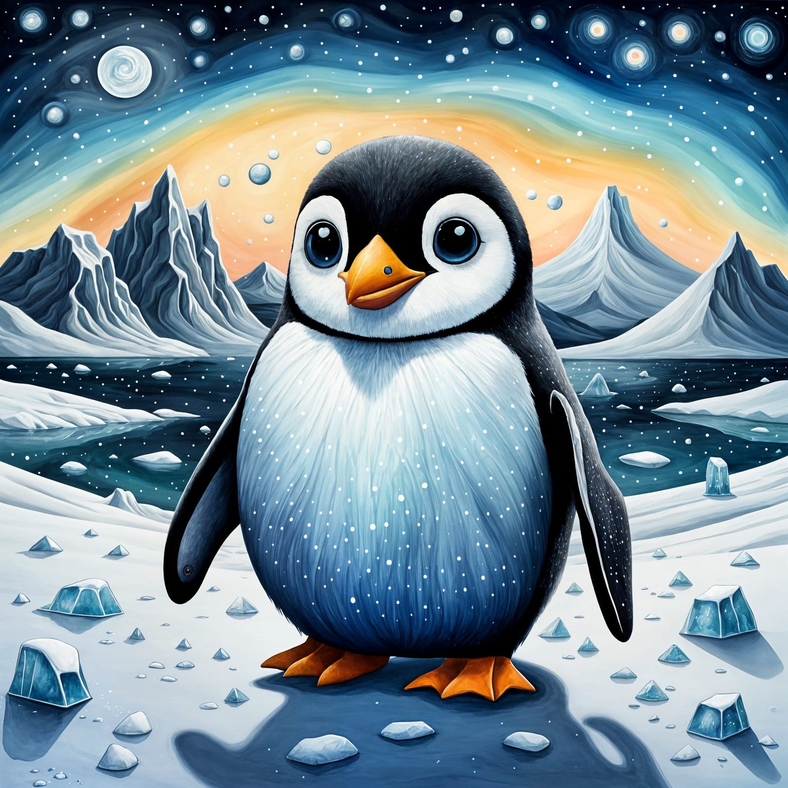 Chibi Penguin in Surreal Icy Landscape, Pop Surrealism