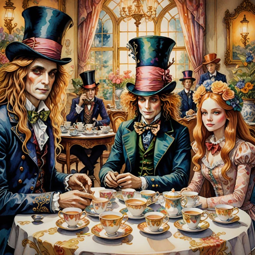 Mad Hatter's Tea Party in Watercolor Style