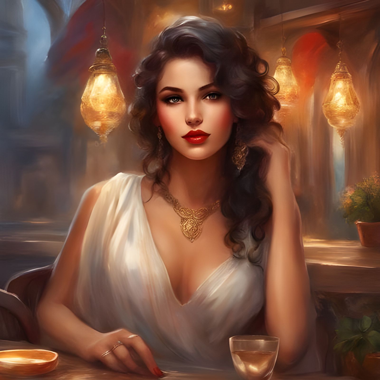 Pretty Tunisian Woman in Cafe by Royo