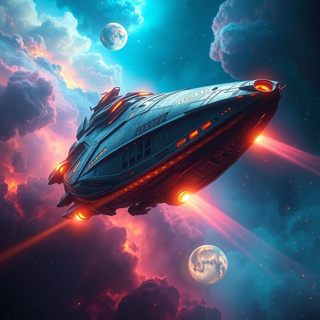 Spaceship Glides Through Nebula with Glowing Glyphs
