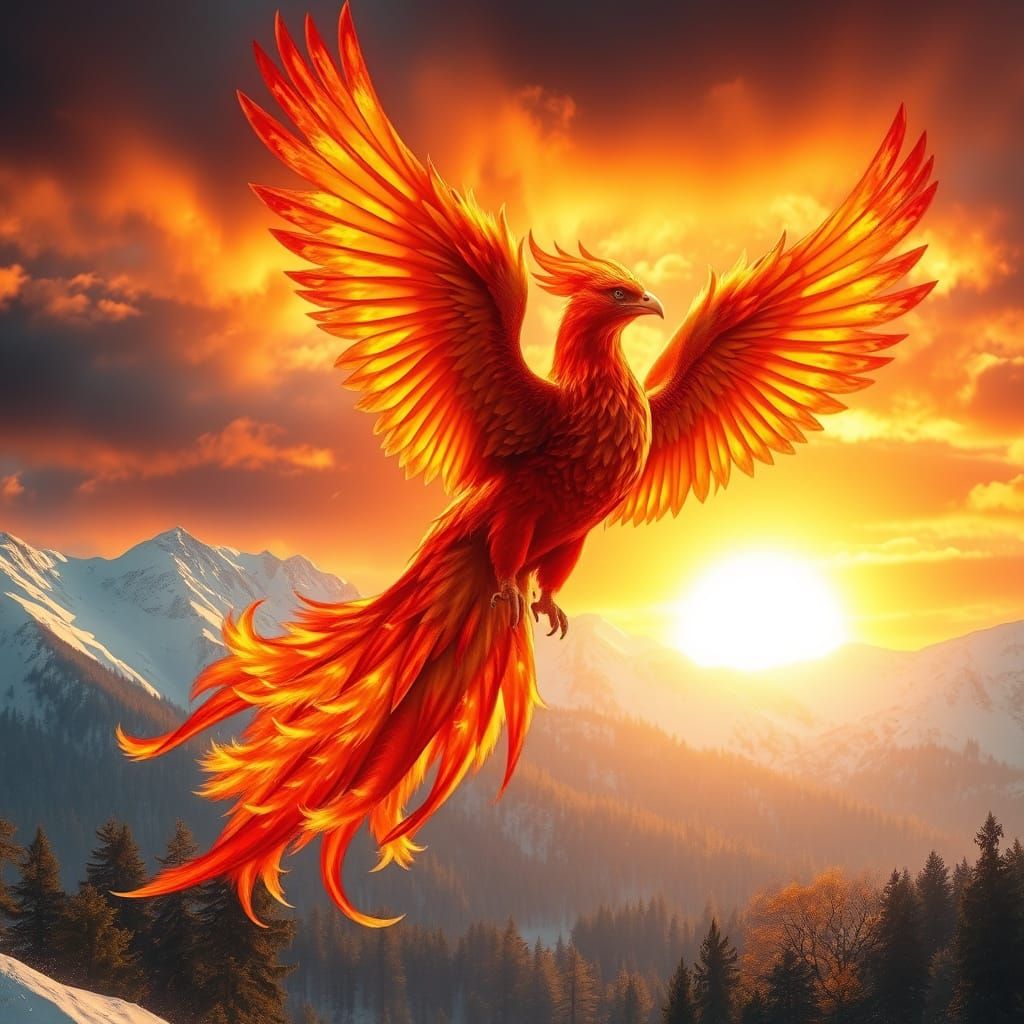 Majestic Blazing Phoenix Soars Across Kaleidoscopic Sunrise