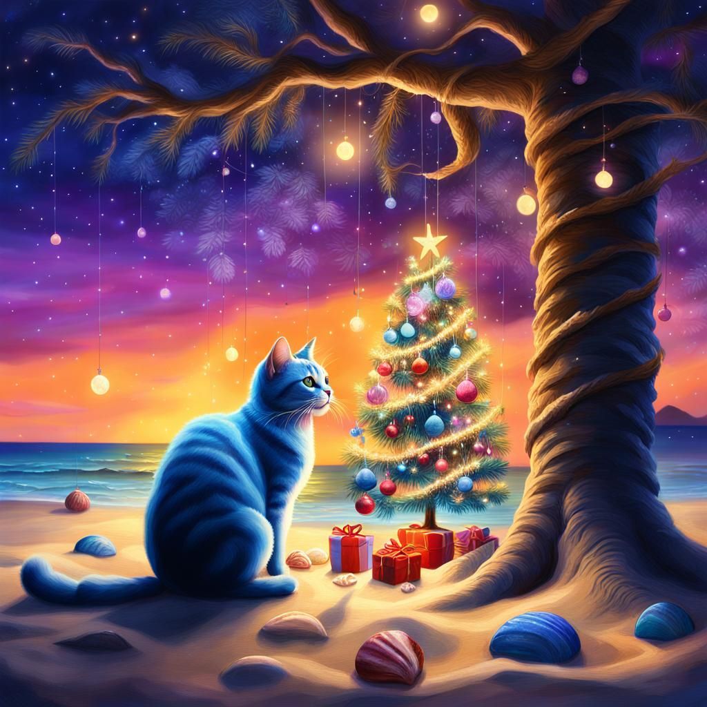 Whimsical Cat at Christmas Beach Oasis