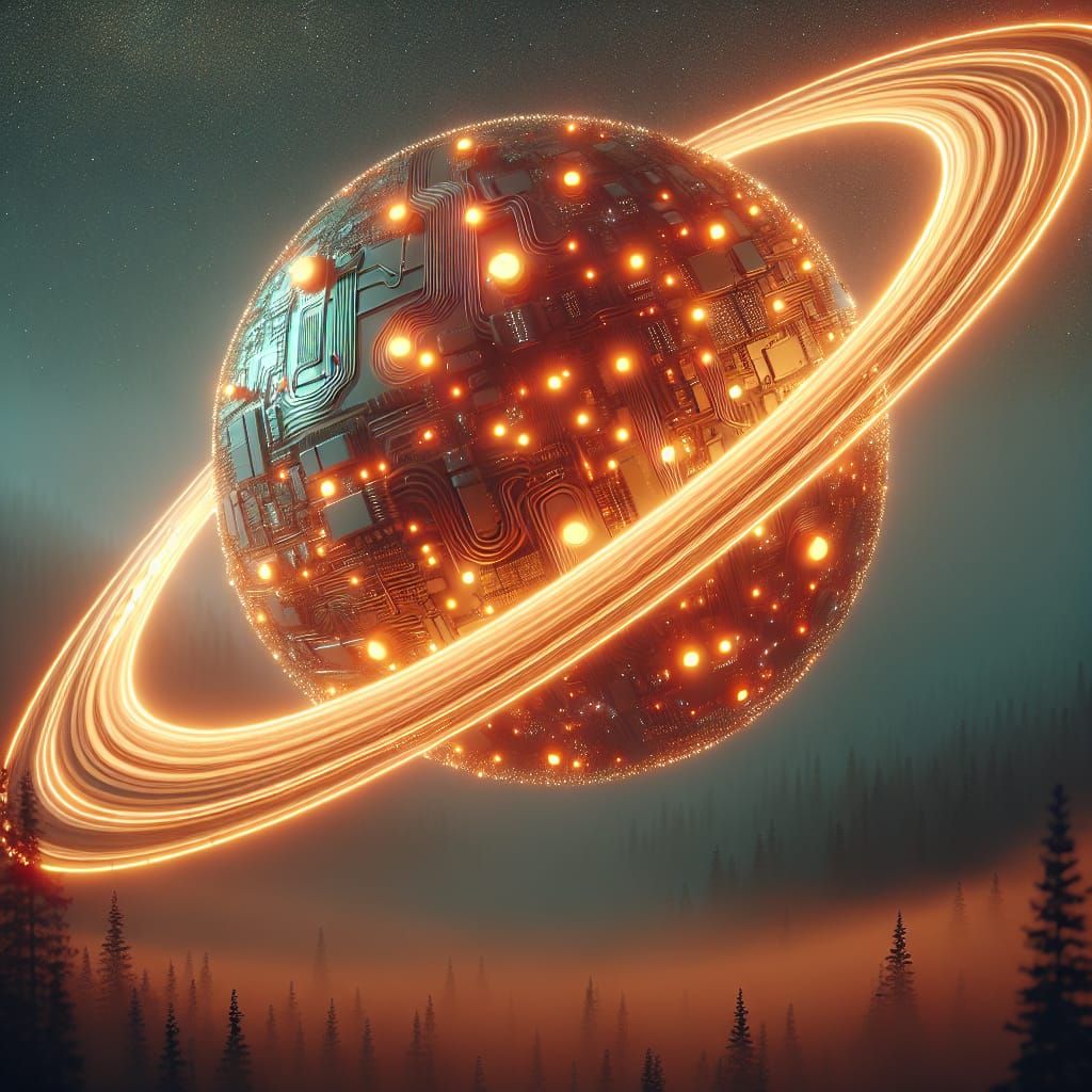 Glowing Circuit Board Planet Illuminates Foggy Forest at Dus...