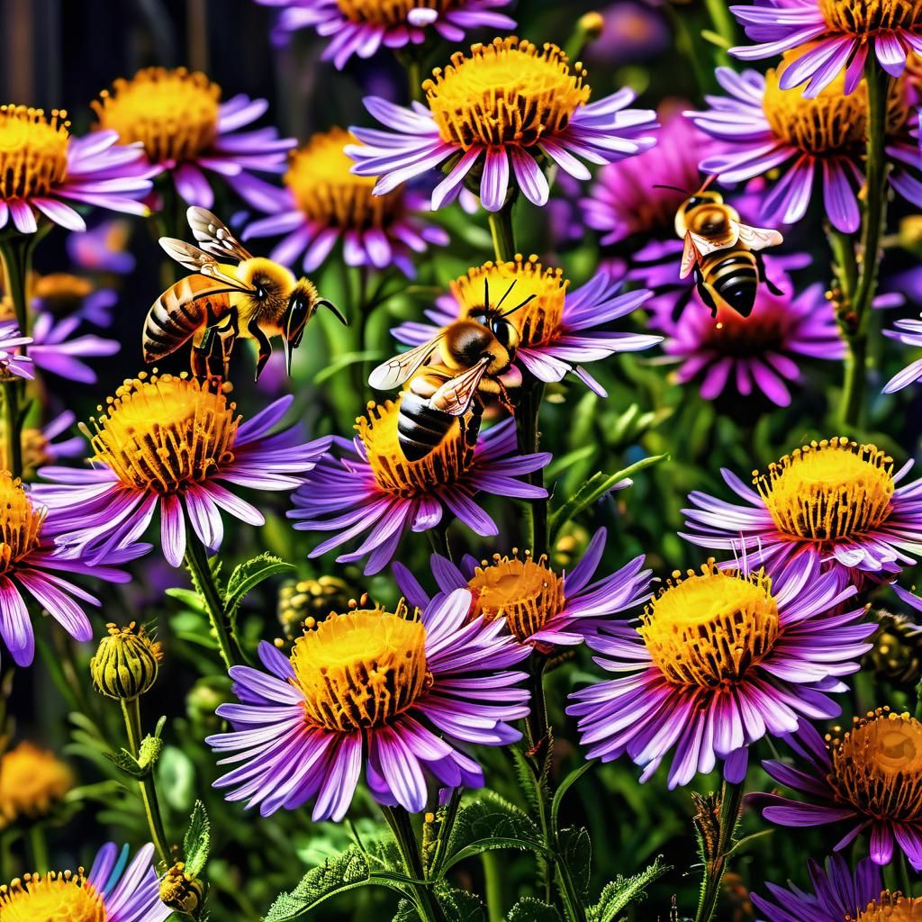 Honeybees Painting Pollen: A Detailed Digital Masterpiece