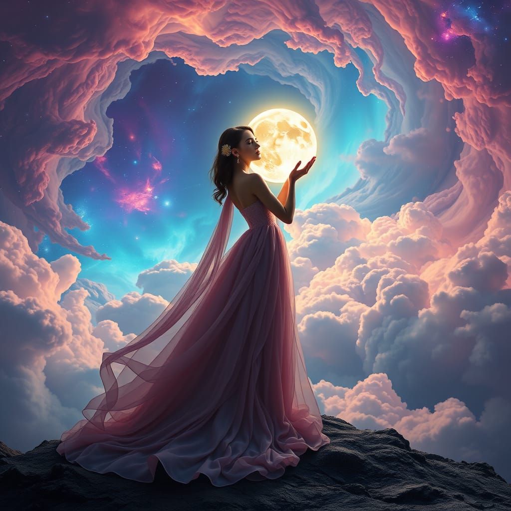 Luminous Lady Among Vibrant Cosmic Clouds