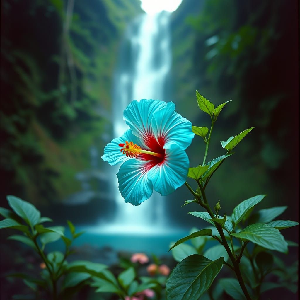 Turquoise Hibiscus in Inverted Jungle, Cinematic Still