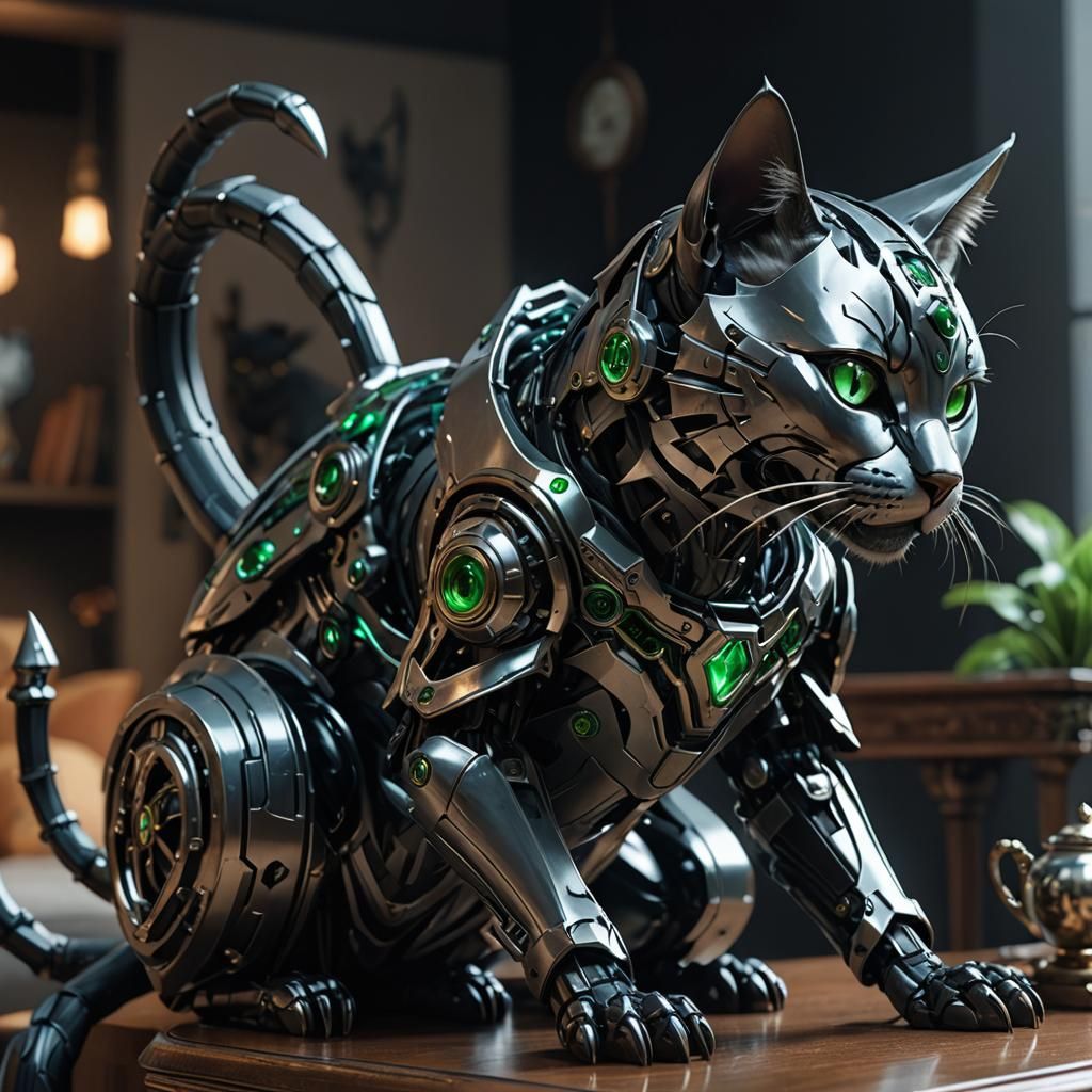 Cybernetic Feline Sculpture in Cyberpunk Style