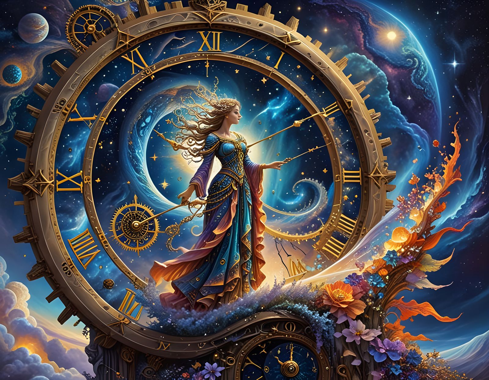 Celestial Clock Tower in Surreal Visionary Art Style