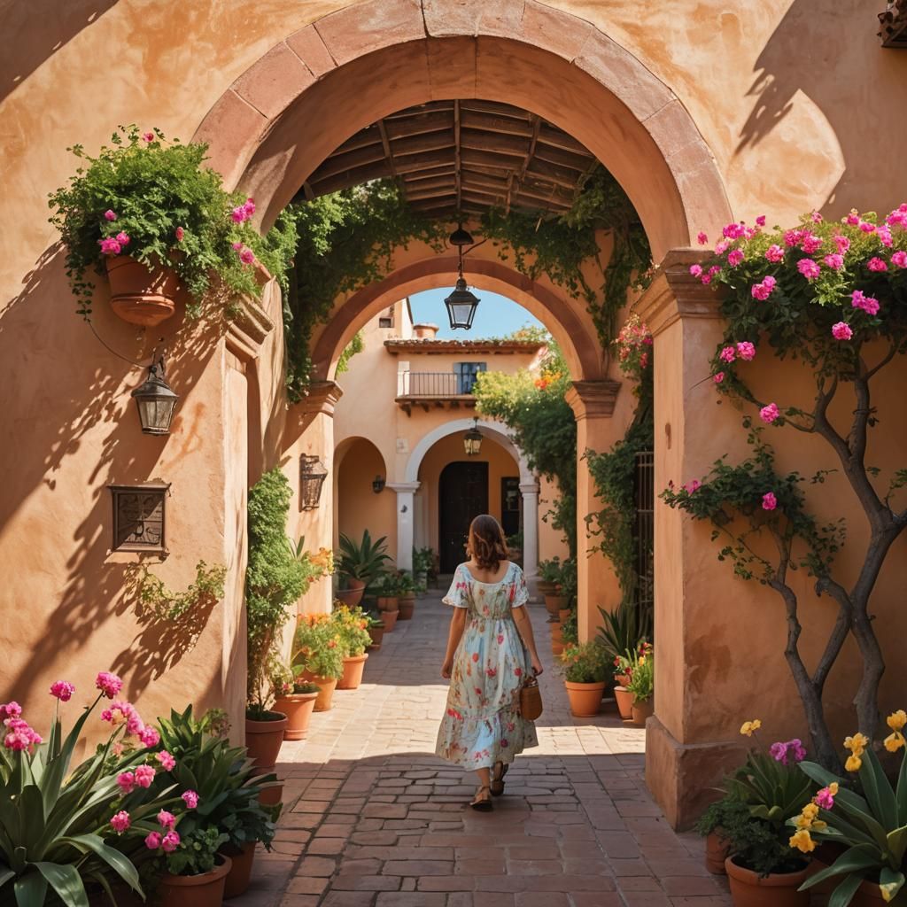 Vibrant Spanish Colonial Hacienda in Watercolor Style