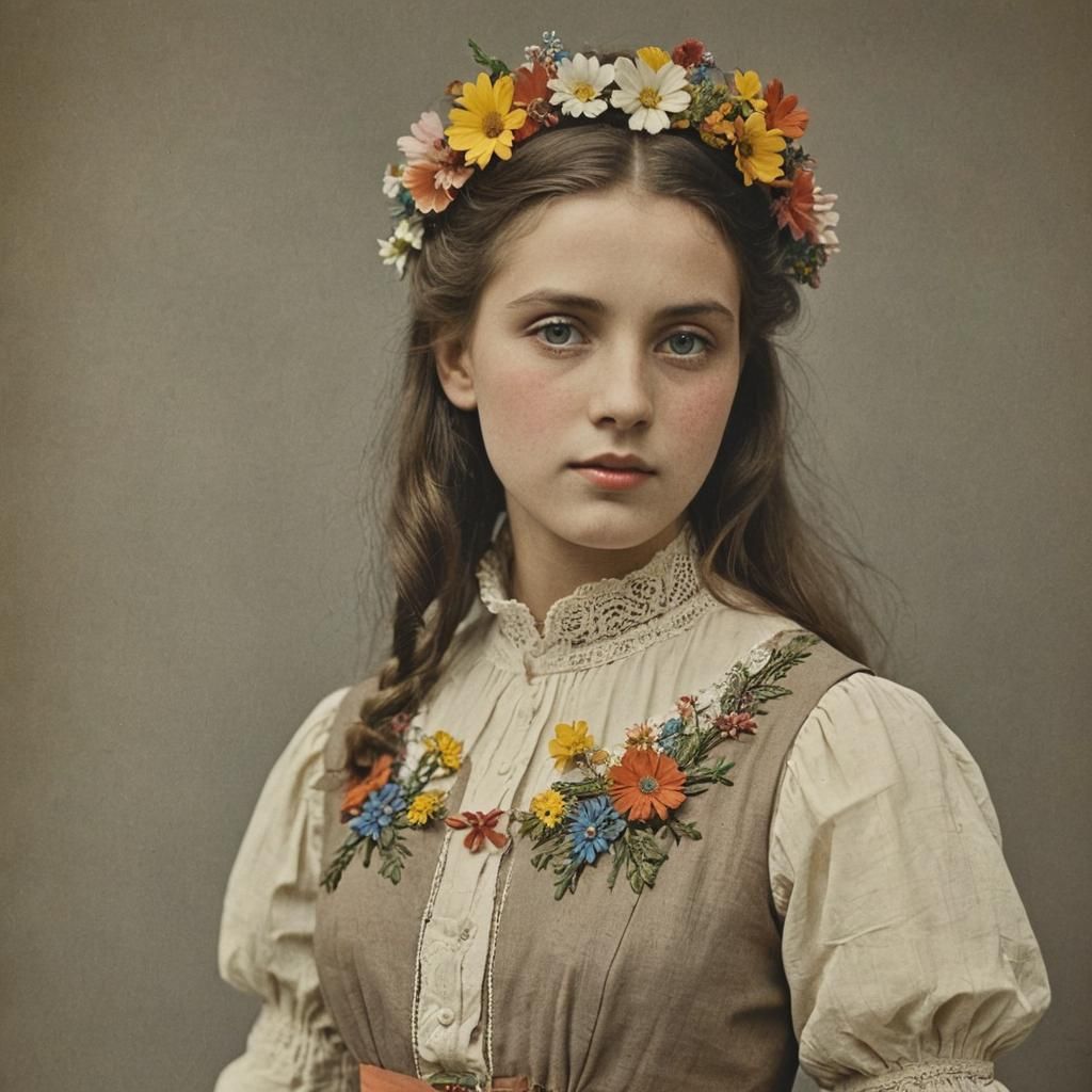 Vintage Flower Girl in Hand-Colored Style