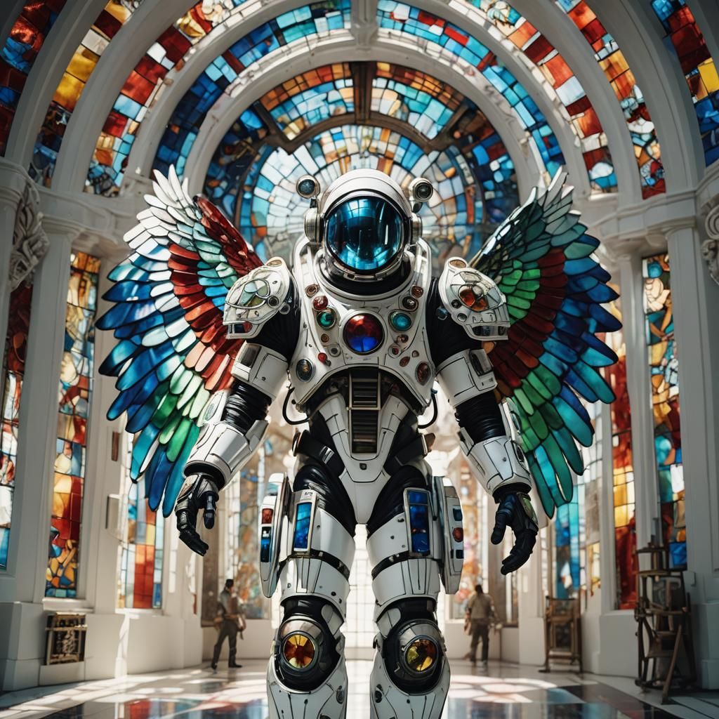 Biomechanical Astronaut with Stained Glass Wings