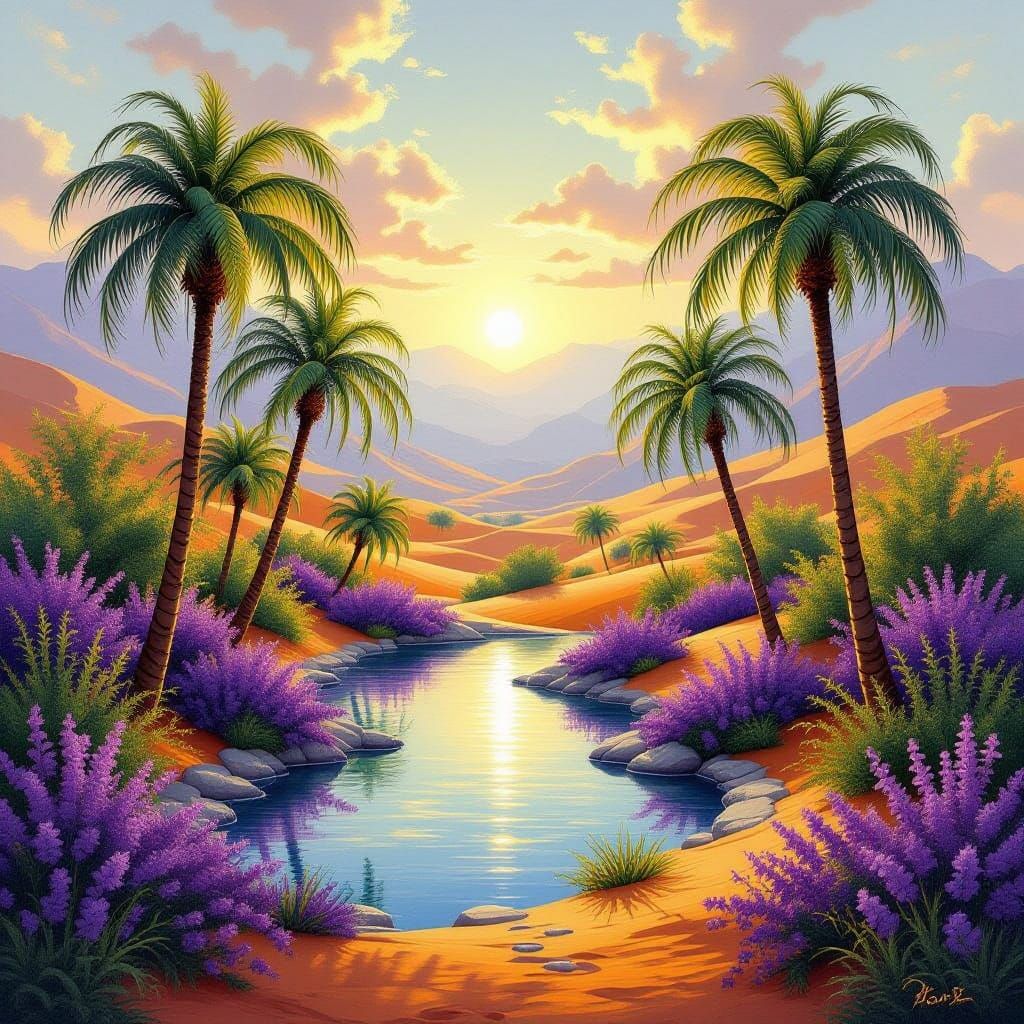 Ethereal Oasis in Vibrant Orange Desert Landscape