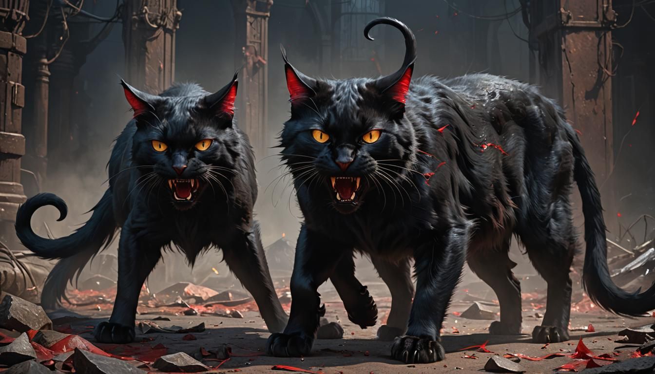 Sinister Scarred Black Cat in Ruined Castle