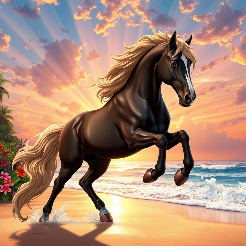 Majestic Black Arabian Stallion in Vibrant Beach Sunset