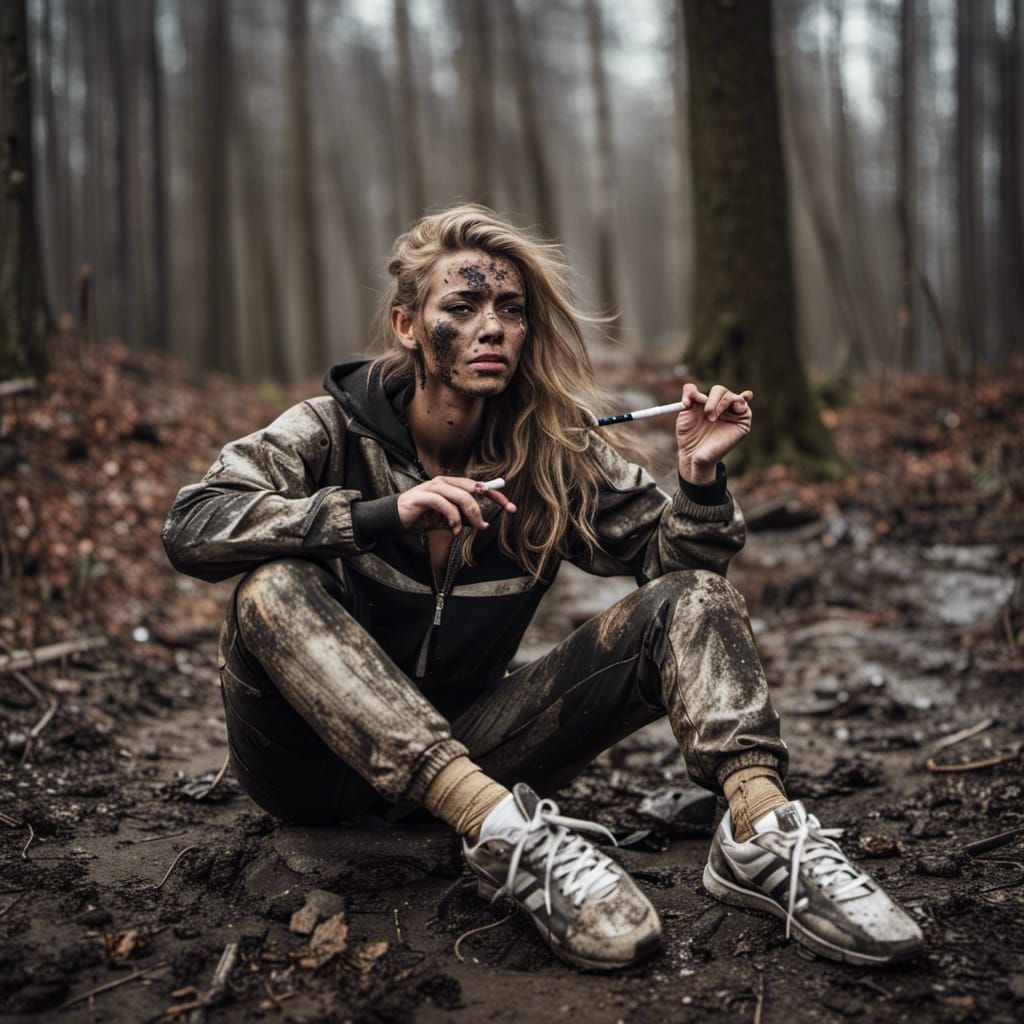 Mud-Covered Girl Smoking in Woods with Tracksuit