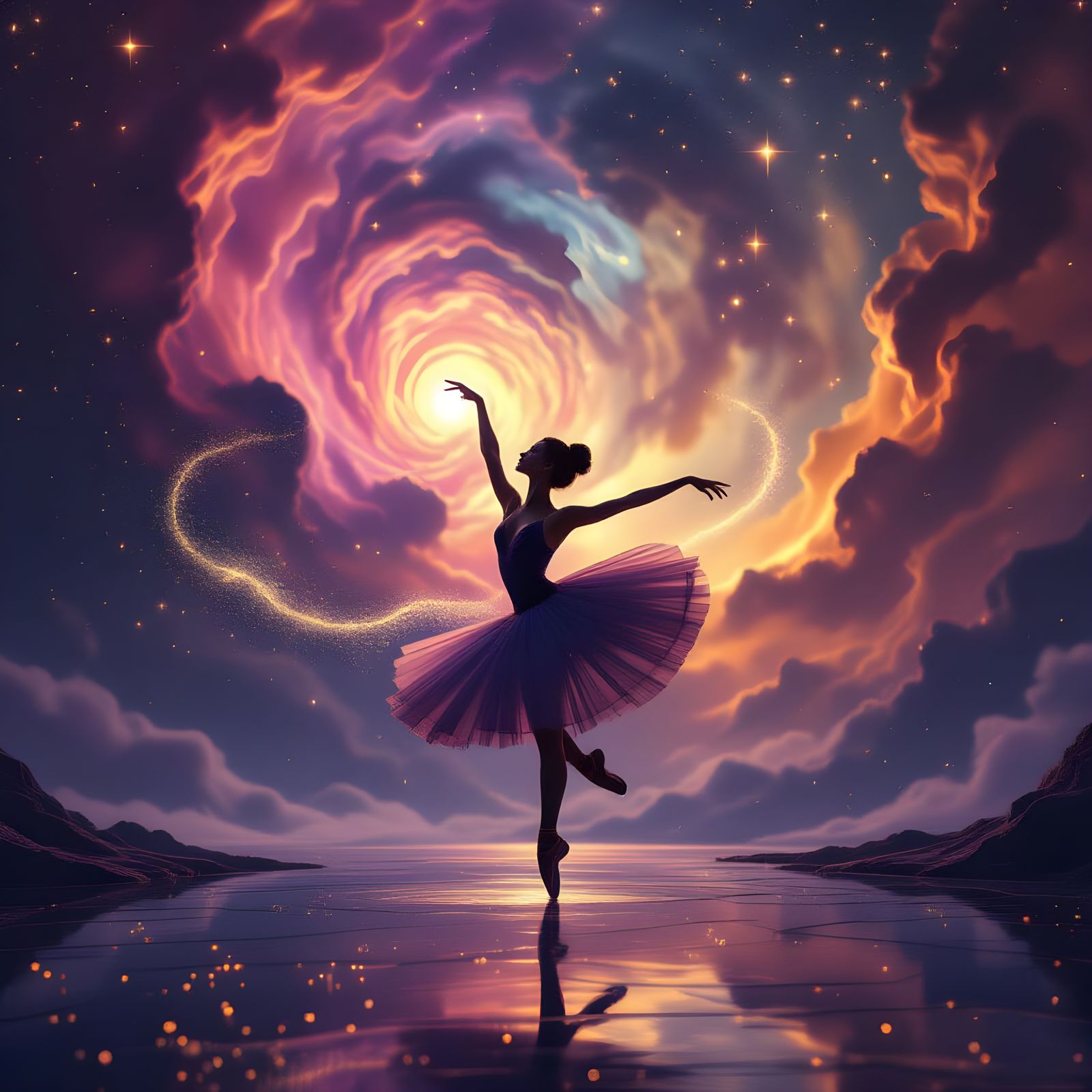 Ballerina Leaping Through Cosmic Nebula