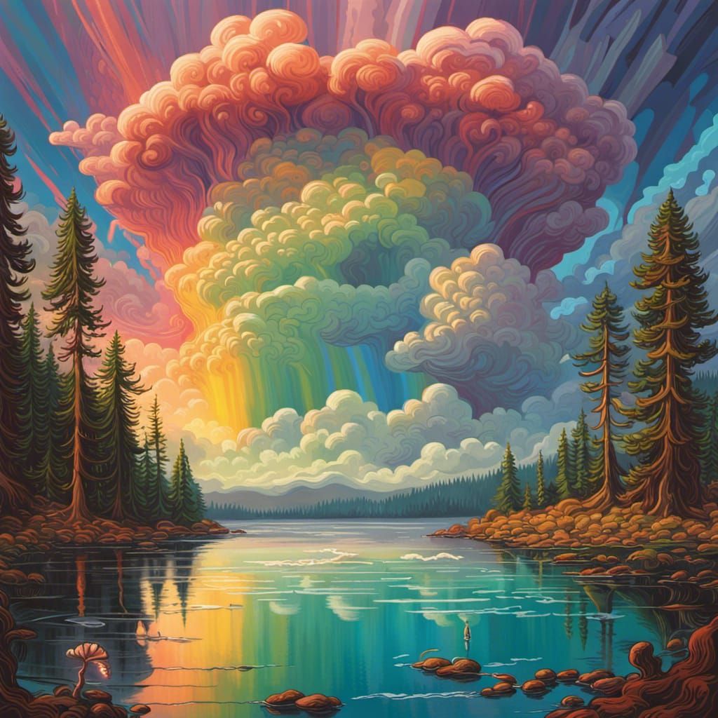 Rainbow Cloud Over Lake: Psychedelic Illustration