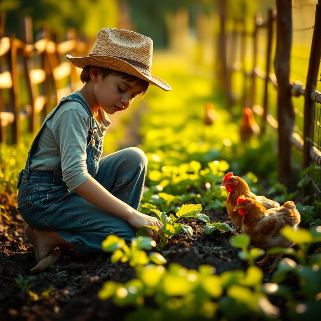 Rustic Gardener in Golden Light, Film Grain Effect