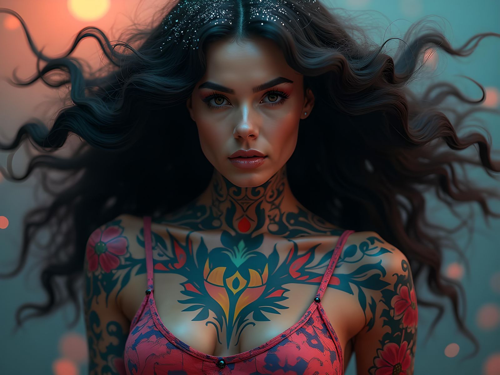 Apocalyptic Woman with Rainbow Tulip Tattoo Structures