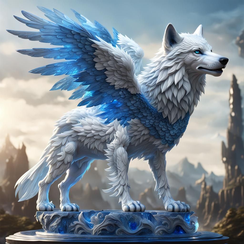 Crystal Wolf with Wings: Detailed Fantasy Sculpture