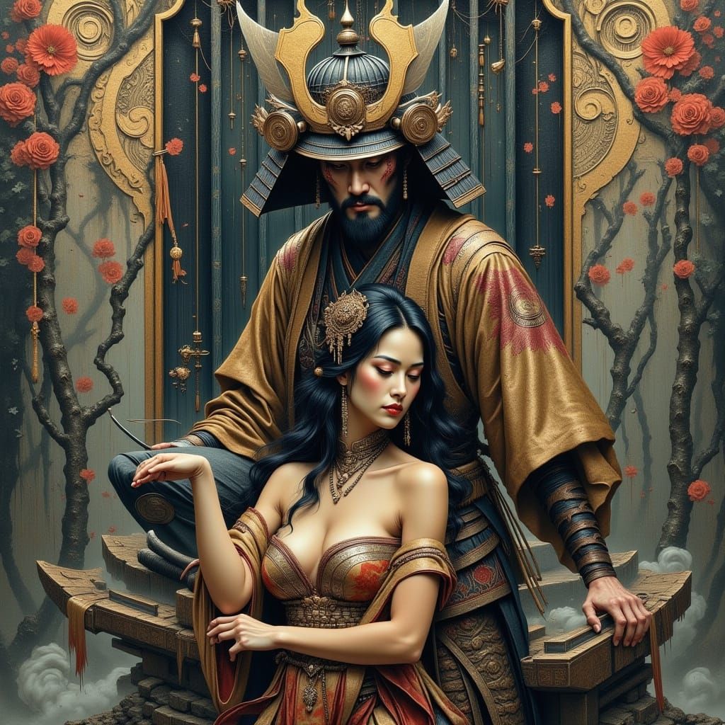 Samurai Over Maiden in Melancholy Oil Painting Style