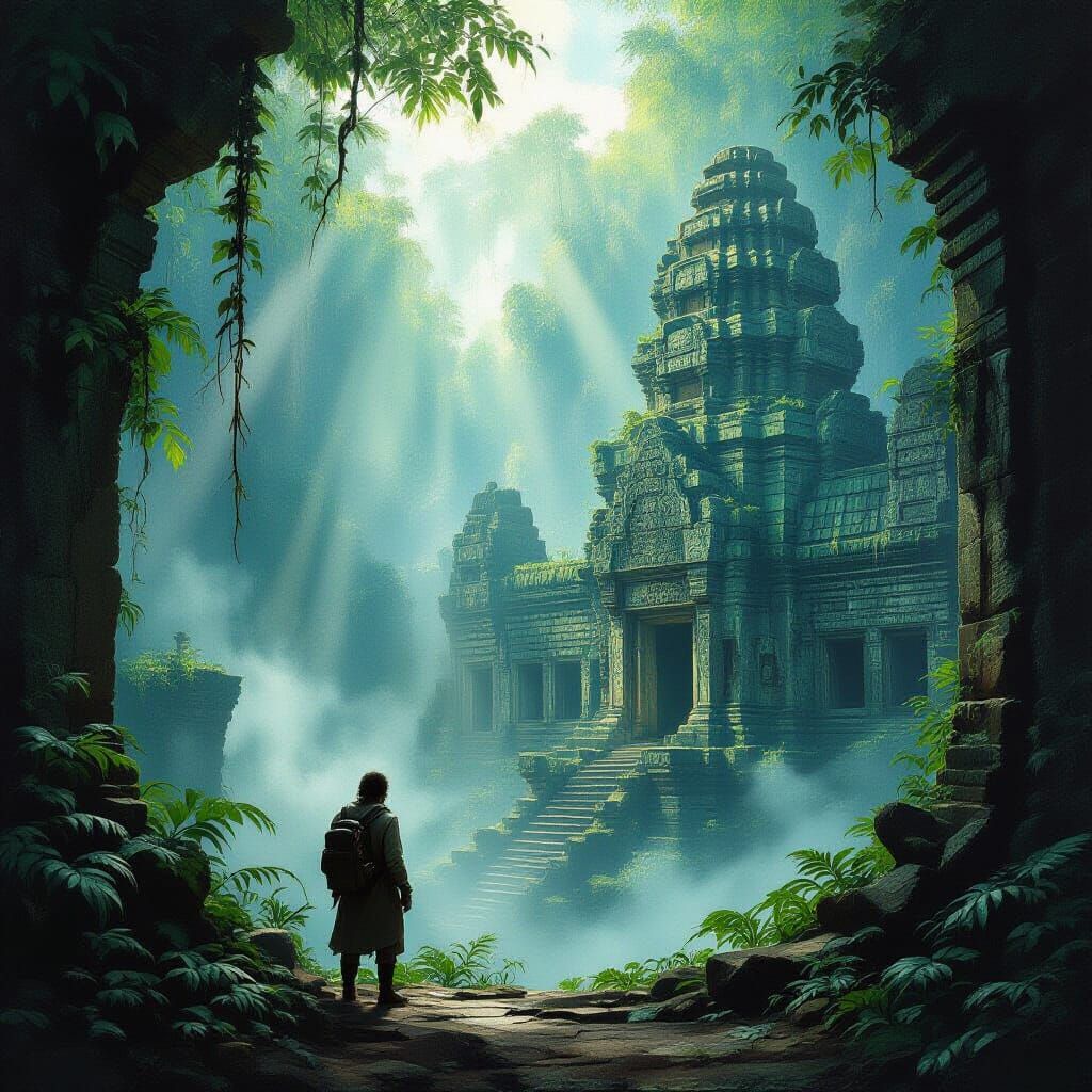 Explorer Views Ancient Jungle Ruins in Impasto Style