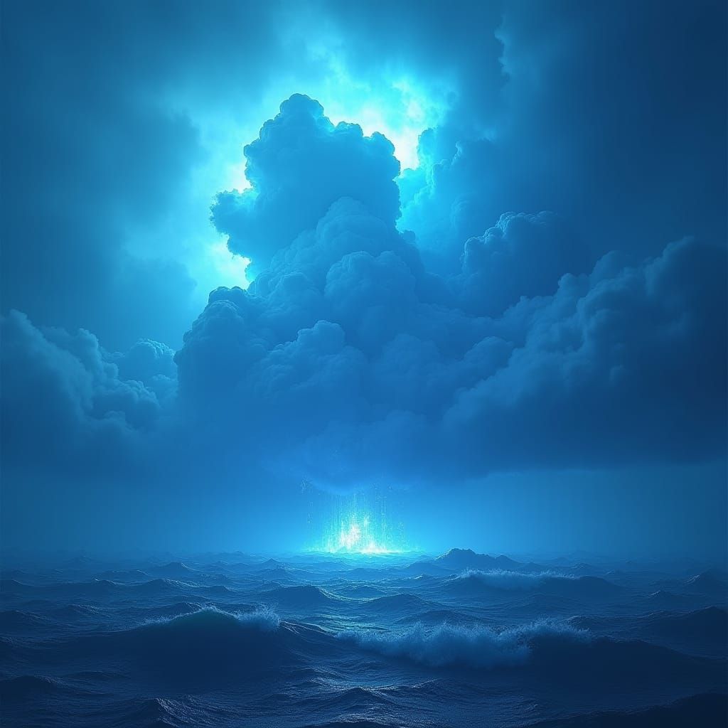 Electric Blue Storm Cloud over Surreal Seascape