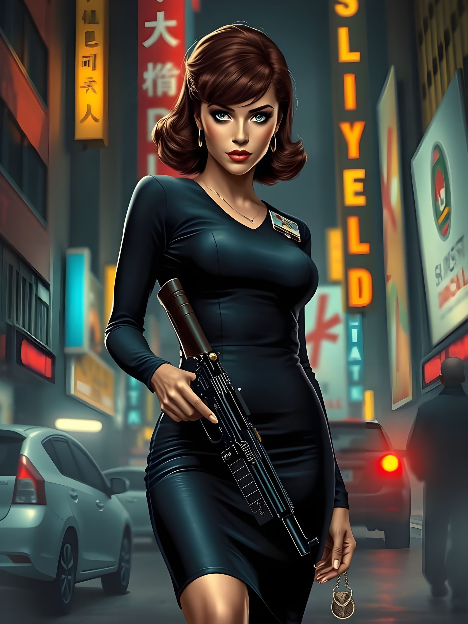 Sultry Spy in Retro Cityscape