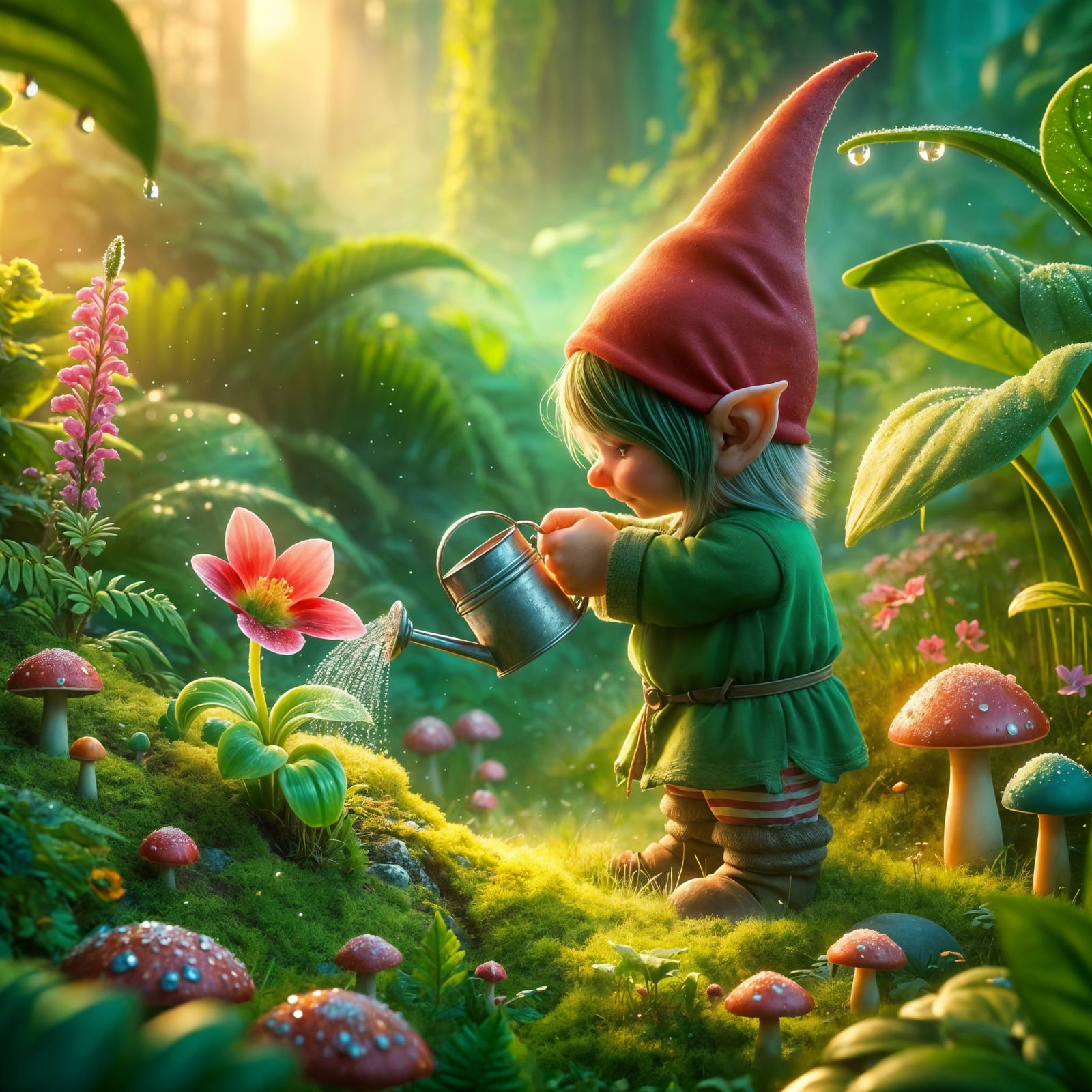 Gnome Tending a Tiny Flower in Lush Garden