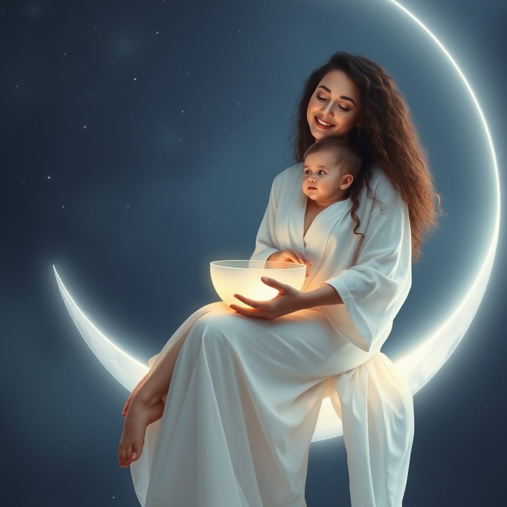 Mother and Child Embrace a Glowing Moon