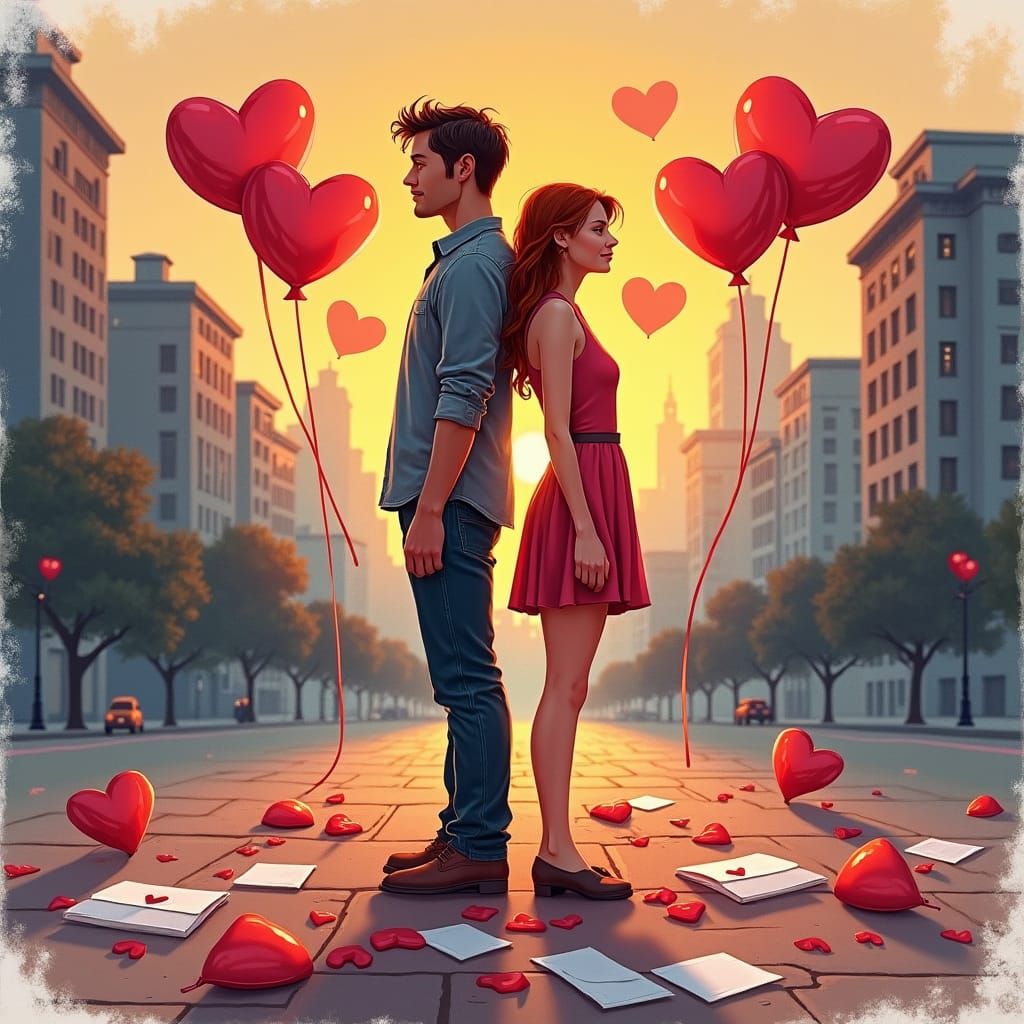Heartbroken Couple in Vibrant Cartoon Illustration