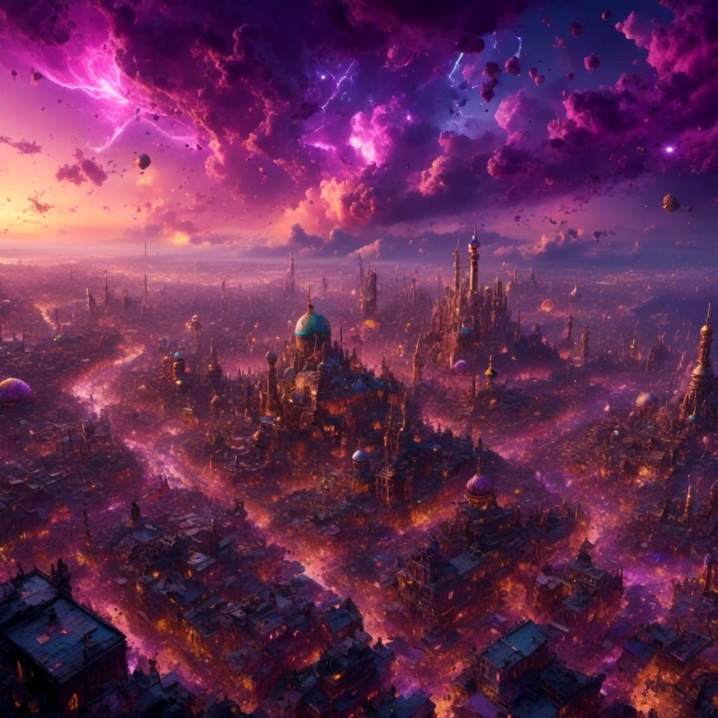 Cityscape Under Purple Haze: A Fantasy Matte Painting