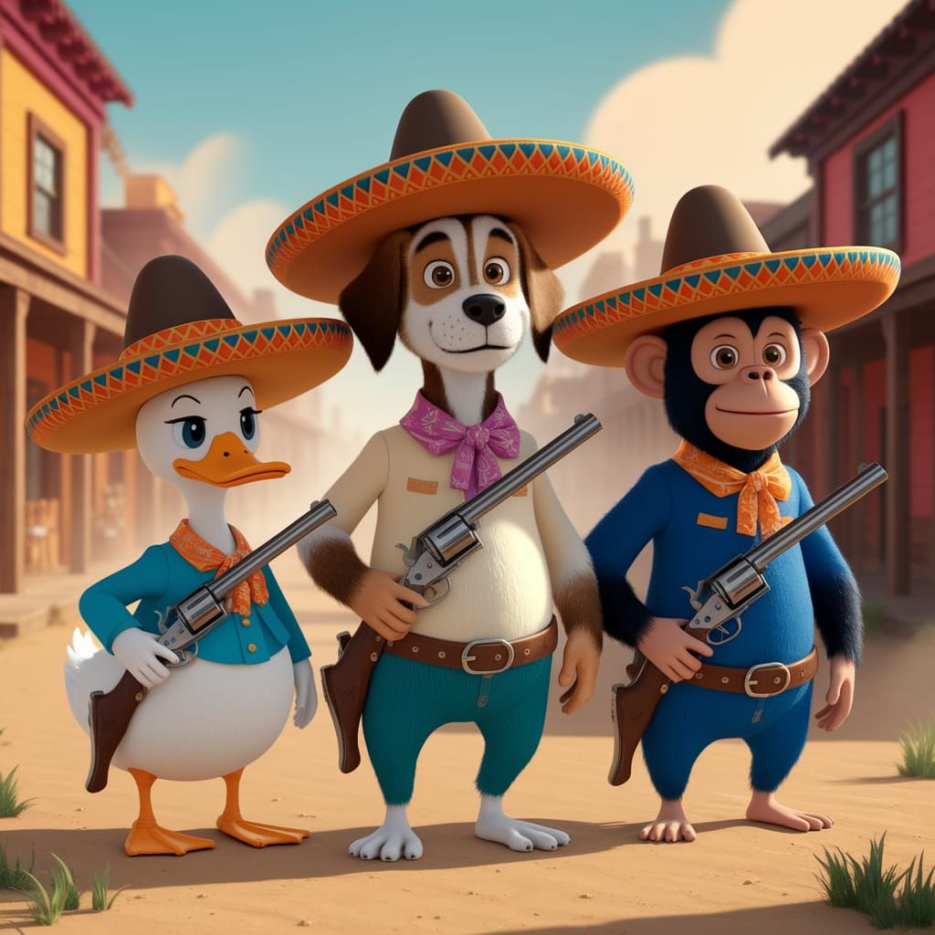 Animated Wild West Amigos in 3D Anime Style
